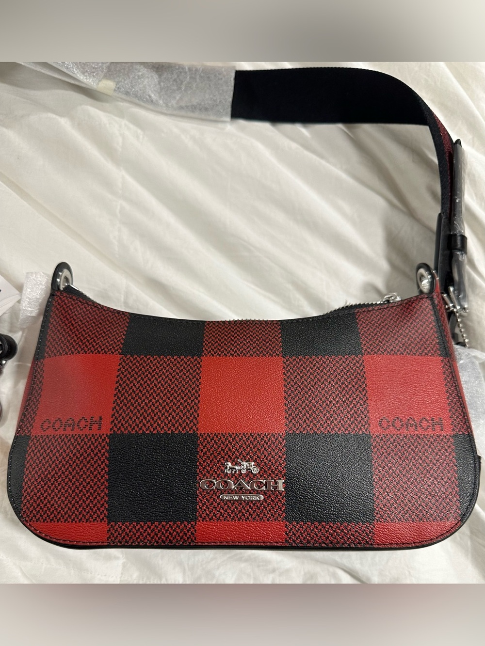 Coach Jes Baguette Crossbody – Red & Black Buffalo Plaid